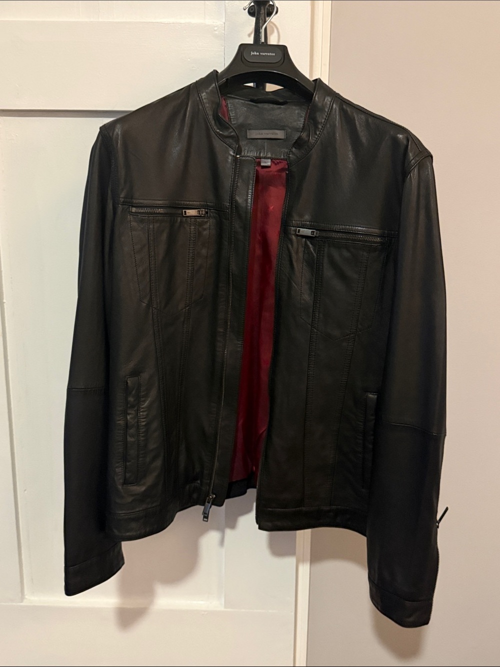John varvatos star USA  Black Leather Bomber Jacket with Burgundy Lining